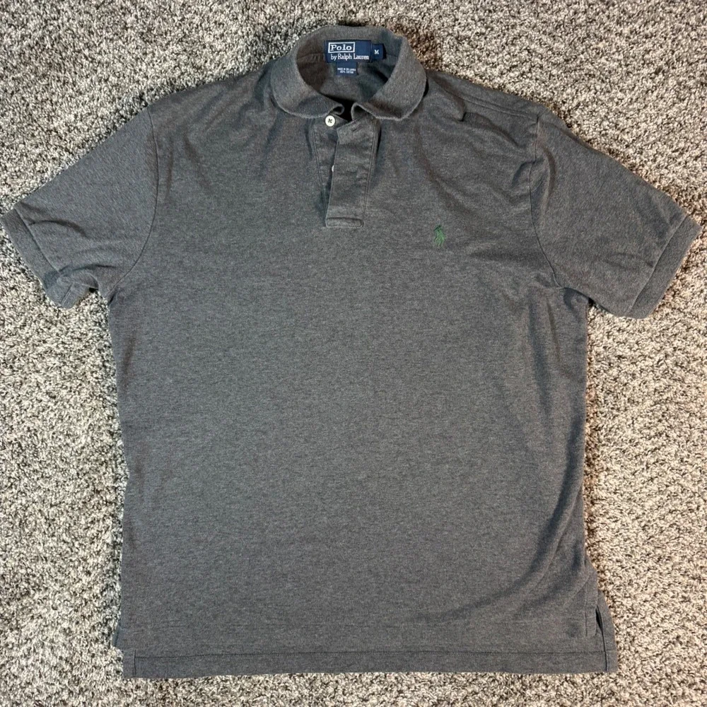 Polo Ralph Lauren Sz M Mens Gray Cotton Short Sleeve Polo Shirt Green Pony